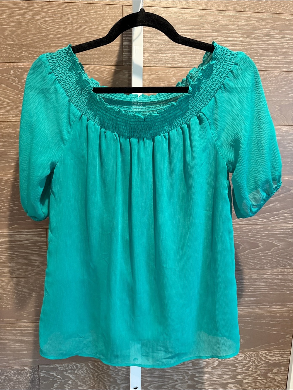 Ann Taylor Teal Smocked Square-Neck Short Sleeve Blouse